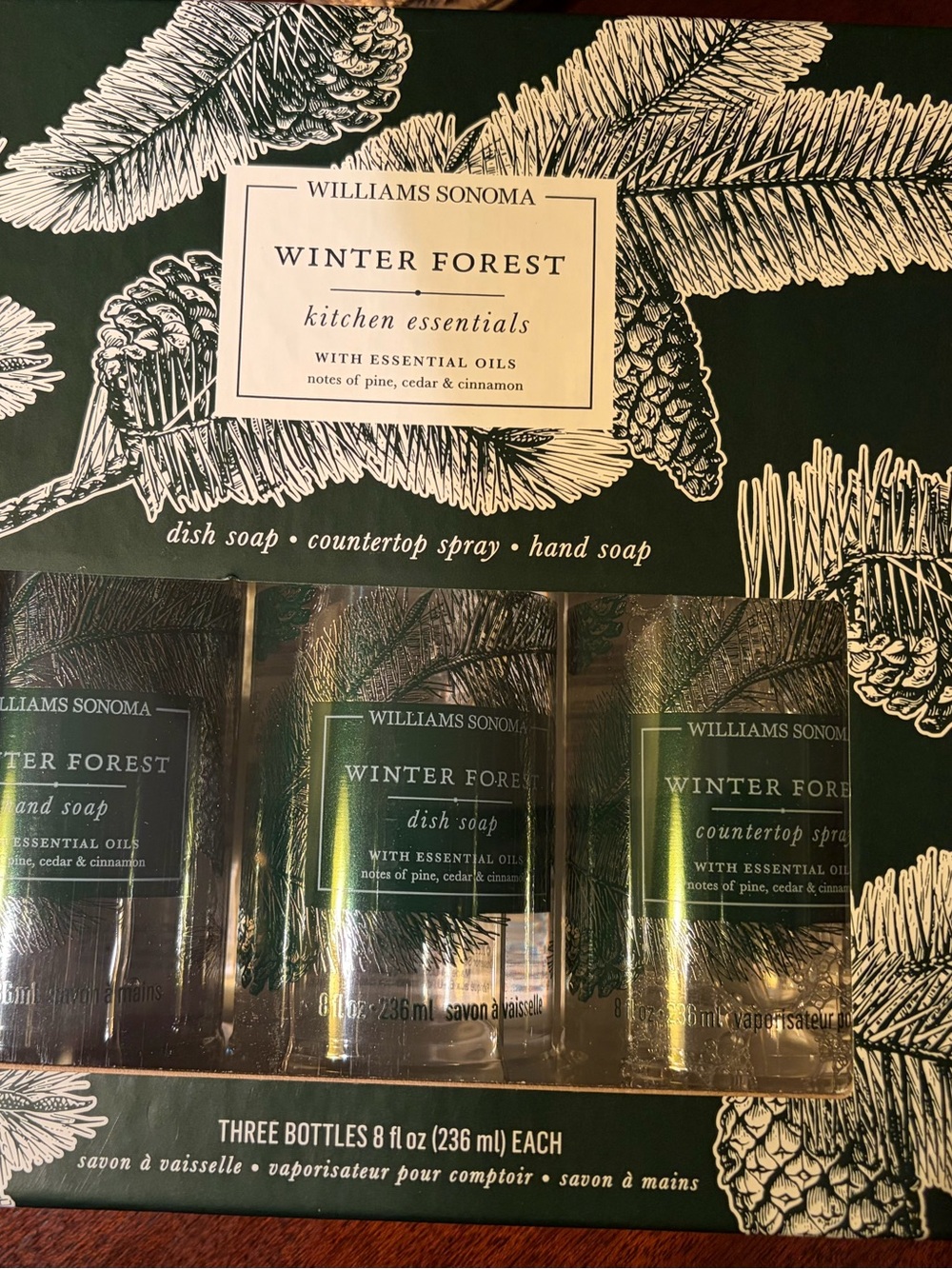 Williams Sonoma Winter Forest Set of 3 Hand Soap Dish Soap & Counter Spray